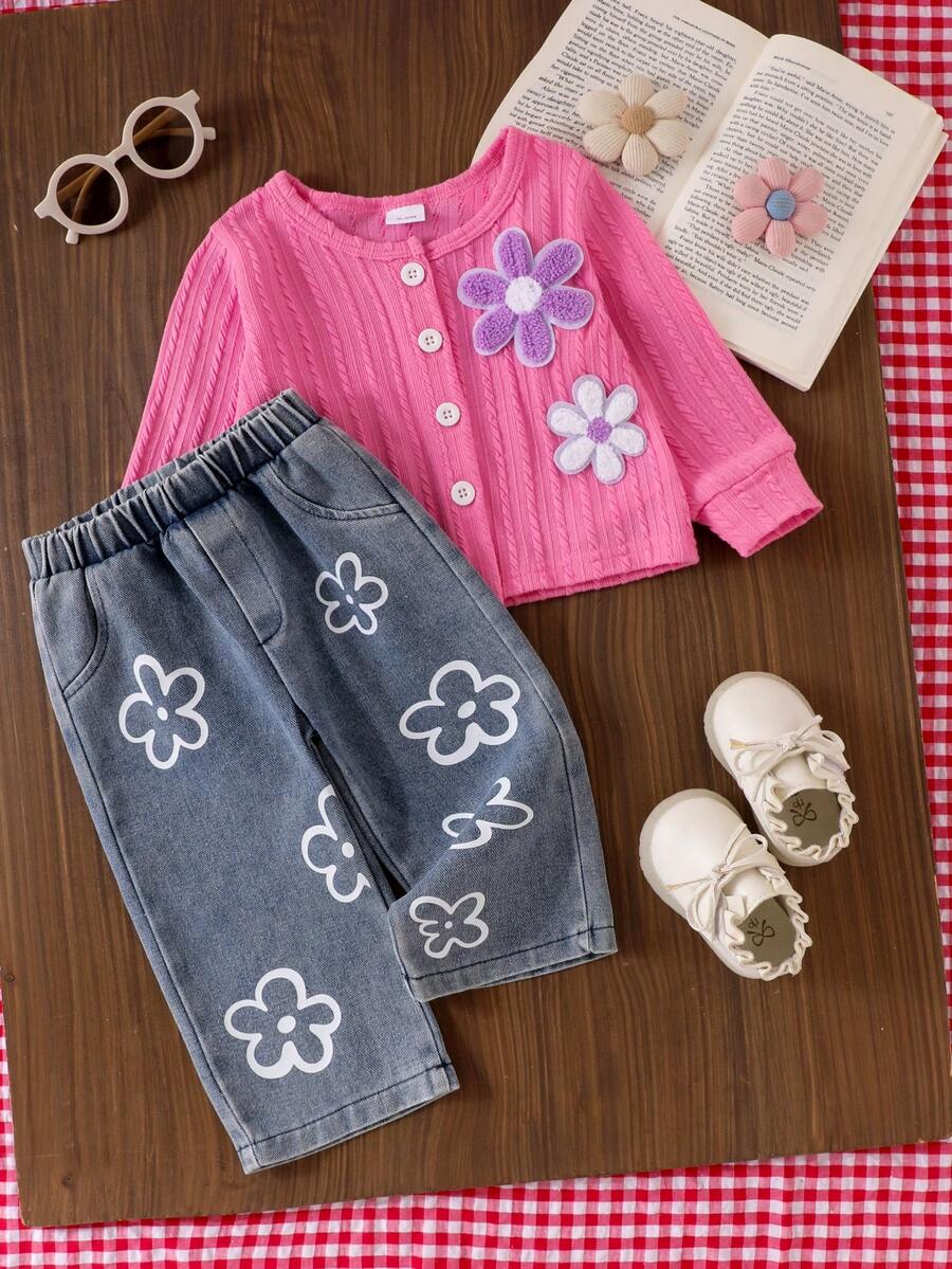 Baby Girl Sweet 2-Piece Set: 3D Floral Applique Button Pink Cardigan Jacket + Floral Print Vintage Denim Long Pants - Pink - View 1