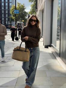 Sookaug Women's Minimalist Old Money Style High Neck Long Sleeve Knit Sweater, Autumn/Winter Pullover Solid Color Slimming Versatile Crop Top, Ribbed Knit Mock Neck Sweater With Button Decor, Autumn/Winter Long Sleeve Knit Pullover - Coffee Brown - View 3