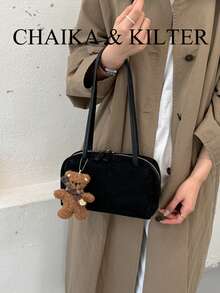 CHAIKA & KILTER 1件裝純色麂皮布料女款復古時尚啞光單肩保齡球包，對比色絎縫線條，雙手柄設計，拉鍊開合，適合日常與旅行使用 - 黑色 - 查看 7