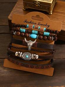 1 Set Of Retro Western Denim Style Imitation Turquoise Bull Pendant Leather Bracelet Set For Women's Daily Wear And Holiday Gifts - Multicolor - View 5