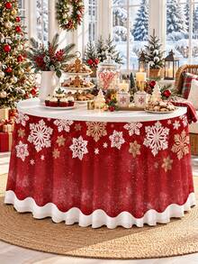 1 buah Rok Meja Natal, Motif Kepingan Salju Merah Putih, Penutup Meja Bundar Berumbai dari Poliester, Rok Meja Dekoratif Meriah untuk Meja Makan, Meja Hidangan Penutup, Prasmanan, Pesta Natal, Makan Malam Liburan, Dekorasi Rumah Musim Dingin - C - View 3