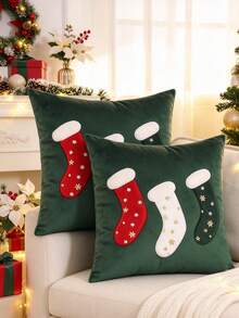 Miater 1件/2件裝聖誕糖果襪毛巾刺繡枕套，Merry Christmas雪花刺繡靠墊套，客廳沙發節日裝飾，不含枕芯 - 綠色 - 查看 2