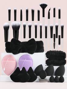 37pcs Makeup Tool Set Including 20 Makeup Brushes, 3 Headbands & Wristbands, 2 Glove-Style Makeup Remover Pads, 12 Powder Puffs & Makeup Sponges, Full Face Makeup Tools - Multicolor - View 4