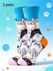 1/3/5 Pairs Women's Multiple Cat Cartoon Jacquard Mid-Calf Socks, Contrast Color Cuff Cute Animal Casual Socks - Multicolor - View 13