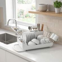 A Two-Tier Kitchen Dish Drying Rack Made Of Metal And Plastic, Featuring Holders For Cups And Glasses. Designed For Use On Kitchen Countertops Or In Compact Apartments, It Includes A Drip Tray For Quick Drying And Helps Save Counter Space. - One Size Fits All - View 7