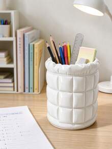 3D Printed Puff Grid Makeup Brush Holder, Faux Leather Wrapped Quilted Texture, Classic Black And White Color Scheme. Ruched Rim, Large Capacity Storage For Makeup Brushes And Eyebrow Pencils, Premium Quality, Creating An Elegant Vanity. - Multicolor - View 9