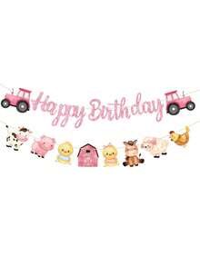 1pc Pink Farm Theme Birthday Banner, Tractor, Small Animals, Farm Red House Decorations, Suitable For Birthday Party Decor - Multiple Styles - View 4