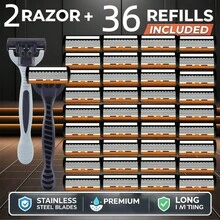 2 Handles + 36 Blades 6-Layer Manual Razor For Men & Women, Stainless Steel Replaceable Shaving Razor, Ergonomic Non-Slip Handle, Smooth Close Shave Beard Grooming Tool - Grey - View 2