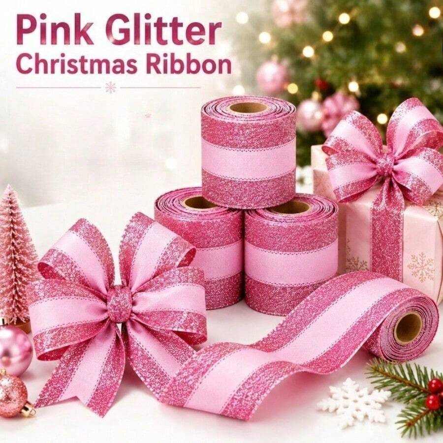 1/2/3 Rolls Pink Glitter Metallic Edge Christmas Ribbon, Wide Satin Striped Decorative Tape, Suitable For Christmas Tree, Wreath, Gift Wrapping, Bows, DIY Handmade Holiday Party Decoration - Pink Glitter Ribbon - View 1