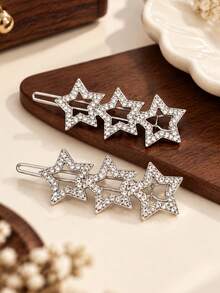 Rhinestone Five-Point Star Frog Clip Elegant Cute Star Side Hair Accessory - Silver - View 3