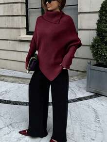 Plus Size Women's Casual Chic Daily Commute Solid Color High Neck Batwing Sleeve Asymmetrical Hem Loose Sweater, Autumn/Winter - Dark Red - View 11