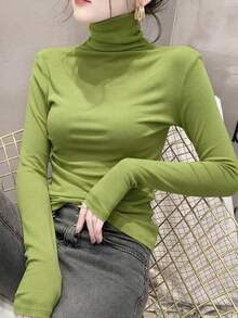女款高領高領保暖內搭上衣，2024春夏秋冬新款，長袖黑色薄款上衣 - 草綠色 - 查看 3