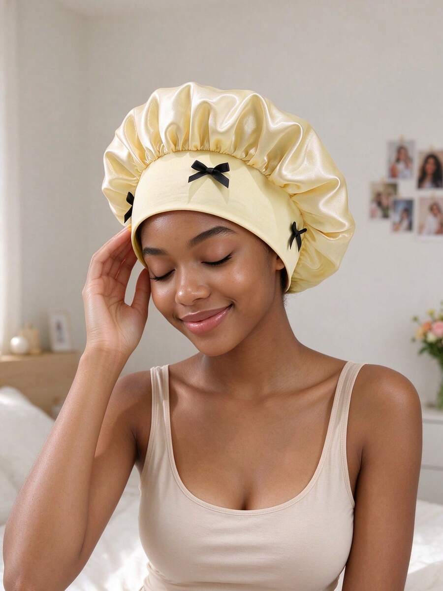 CONFLASS Soft Elastic Wide Band Sleep Cap With Bows,Silky Hair Bonnet For Sleeping Night Cap,Protect Curly Hair,Hair Wrap For Braid Natural Hair,Daily Sleeping - Multicolor - View 1