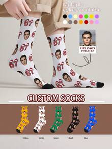 1 Pair Christmas Customized Face Print Mid-Calf Socks, Unisex Couple Socks, Personalized Photo Customization, Fun Couple Socks, Comfortable And Breathable, Creative Cartoon Design, Perfect Gift For Holidays, Birthdays, Valentine's Day, Fun-Filled, Crazy Anime Style, Multi-Color Socks, Valentine's Day, Father's Day Gift, Fun-Filled, Crazy Anime Style, Multi-Color Long Socks, Christmas - Multicolor - View 3