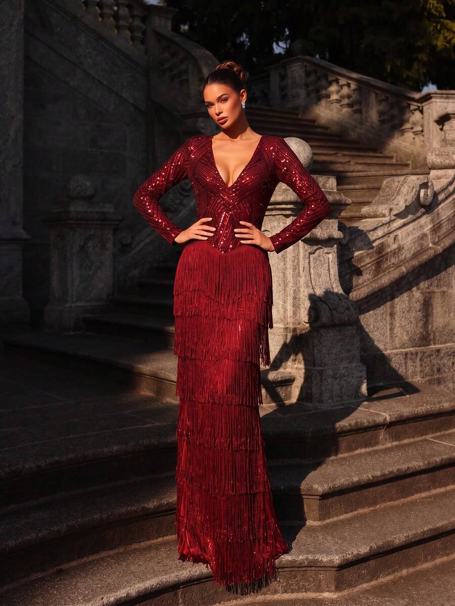 LOVE&LEMONADE Charming Burgundy Deep V-Neck Long Sleeve Sequin Fringe Layered Hem Holiday Party Dress - Burgundy - View 1