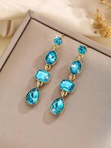1 Pair Bohemian Luxury Exquisite Dangle Earrings, Rhinestone Glass Pendant Earrings, Suitable For Bride Wedding Banquet Party Wear - Lake Blue - View 3