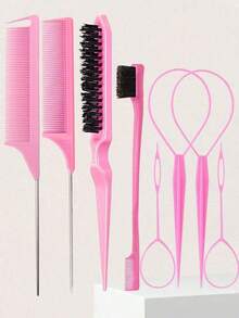 8pcs/2pcs Pink Hair Comb Set, Includes Comb, Hairline Brush, Eyebrow Brush, Rat Tail Comb, Metal Pin Comb And Braiding Tool, Suitable For Curly Hair, Braiding And DIY Styling, Unisex - Multicolor - View 1