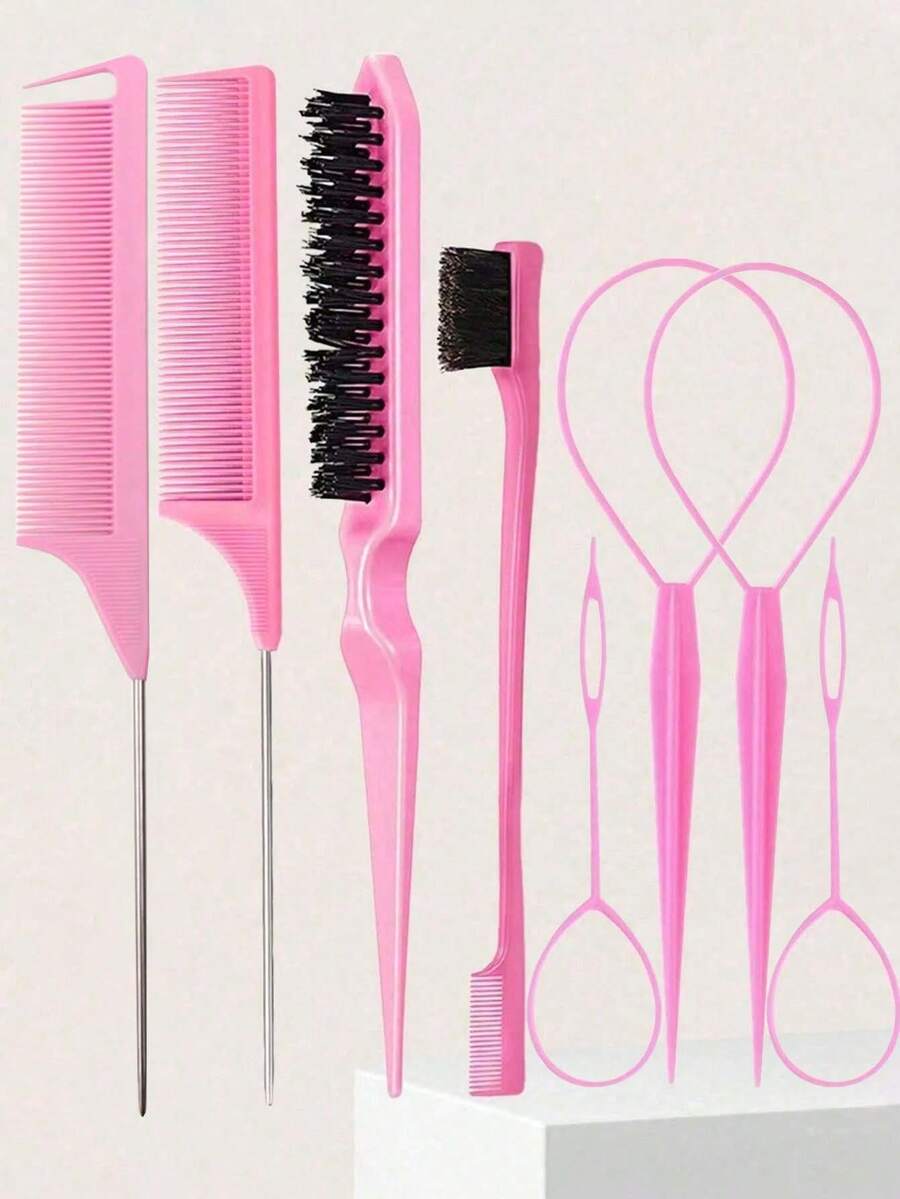 8pcs/2pcs Pink Hair Comb Set, Includes Comb, Hairline Brush, Eyebrow Brush, Rat Tail Comb, Metal Pin Comb And Braiding Tool, Suitable For Curly Hair, Braiding And DIY Styling, Unisex - Multicolor - View 1