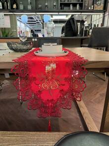 1pc Red Embroidered Christmas Bell Candle Table Runner, Polyester Fiber Gold Thread Hand-Embroidered Lace Edge Tassel Table Runner, Suitable For Dining Table, Coffee Table, TV Stand, Sideboard, Daily Home Use, Restaurant And Christmas Party - Red - View 1