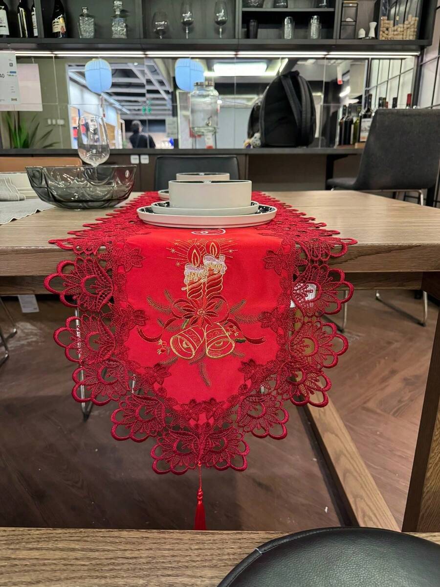1pc Red Embroidered Christmas Bell Candle Table Runner, Polyester Fiber Gold Thread Hand-Embroidered Lace Edge Tassel Table Runner, Suitable For Dining Table, Coffee Table, TV Stand, Sideboard, Daily Home Use, Restaurant And Christmas Party - Red - View 1