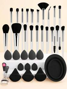 33pcs Multi-Function Makeup Tool Set, Includes 20 Makeup Brushes, 1 Silicone Brush Cleaning Bowl, 1 Eyelash Curler, 11pcs Powder Puff & Makeup Sponge Set, Classic Best-Selling Makeup Tool Set - Multicolor - View 4