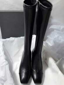 Women's Square Toe Chunky Heel Side Zipper Casual Patchwork Suede Slim Minimalist High Heel Tall Boots - Black - View 2