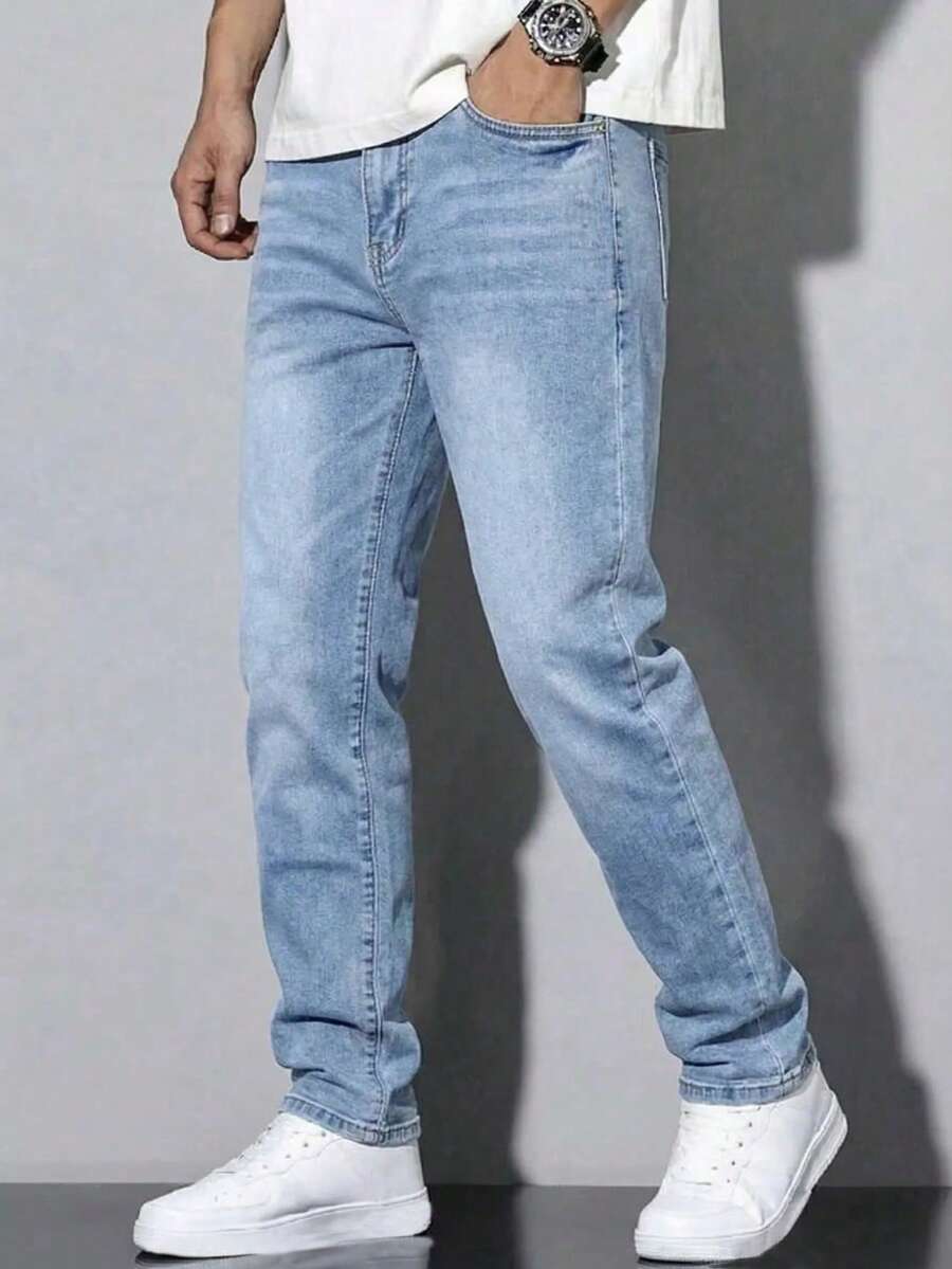 Pantalones vaqueros casuales con bolsillo y cintura elástica para niños, para uso diario - Azul lavado medio - Ver 1