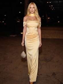 Basrey Women's Elegant Cream Yellow Long Cocktail Dress, Strapless Backless Design With Pleats And Tie Details, Suitable For Evening Gown, Formal Occasions And Weddings - Creamy Yellow - View 12