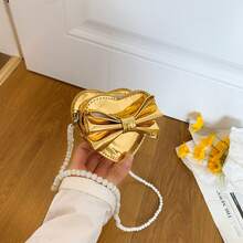 Girls' Glossy Heart Bow Crossbody Bag, Pearl Chain Mini Purse, Party Accessory Bag - A - View 13