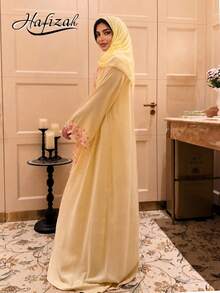 Hafizah New Modest Cardigan Women's Soft Yellow Heavy Pink Floral Embroidery Loose Long Elegant Robe Outerwear - Yellow - View 1