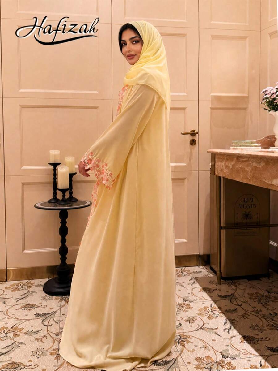 Hafizah New Modest Cardigan Women's Soft Yellow Heavy Pink Floral Embroidery Loose Long Elegant Robe Outerwear - Yellow - View 1