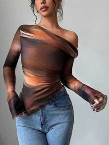 Women's Elegant Sheer Mesh Long Sleeve Cold Shoulder Fitted Pleated Printed Blouse, Fashion Casual Outing Top - Coffee Brown - View 5