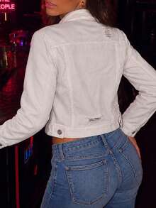 Women's Fashion White Denim Jacket With Collar, Long Sleeve Button Front, Cropped Design, Autumn Essential - White - View 2