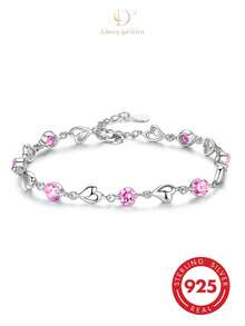 1pc Gentle Romantic 925 Sterling Silver Metal Heart-Shaped Rhinestone Inlaid Adjustable Chain Bracelet Women's Dating Accessory - Pink - View 7