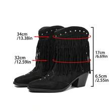 DENGWEISI Black Ruched Rivet Tassel Chunky Heel Square Toe Punk Western Boots Comfortable Versatile Street Style All Season Office Commute Daily Vacation Bohemian European American Fashion Women's Ankle Boots - Black - View 8