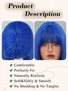 NAMM Blue Long Straight Wig With Bangs Fluffy Synthetic Heat-Resistant Fiber Hair, Fashion Versatile Style Costume Wig For Women Daily & Carnival Wear, Halloween Party Cosplay Use 28-Inch - Blue - View 7