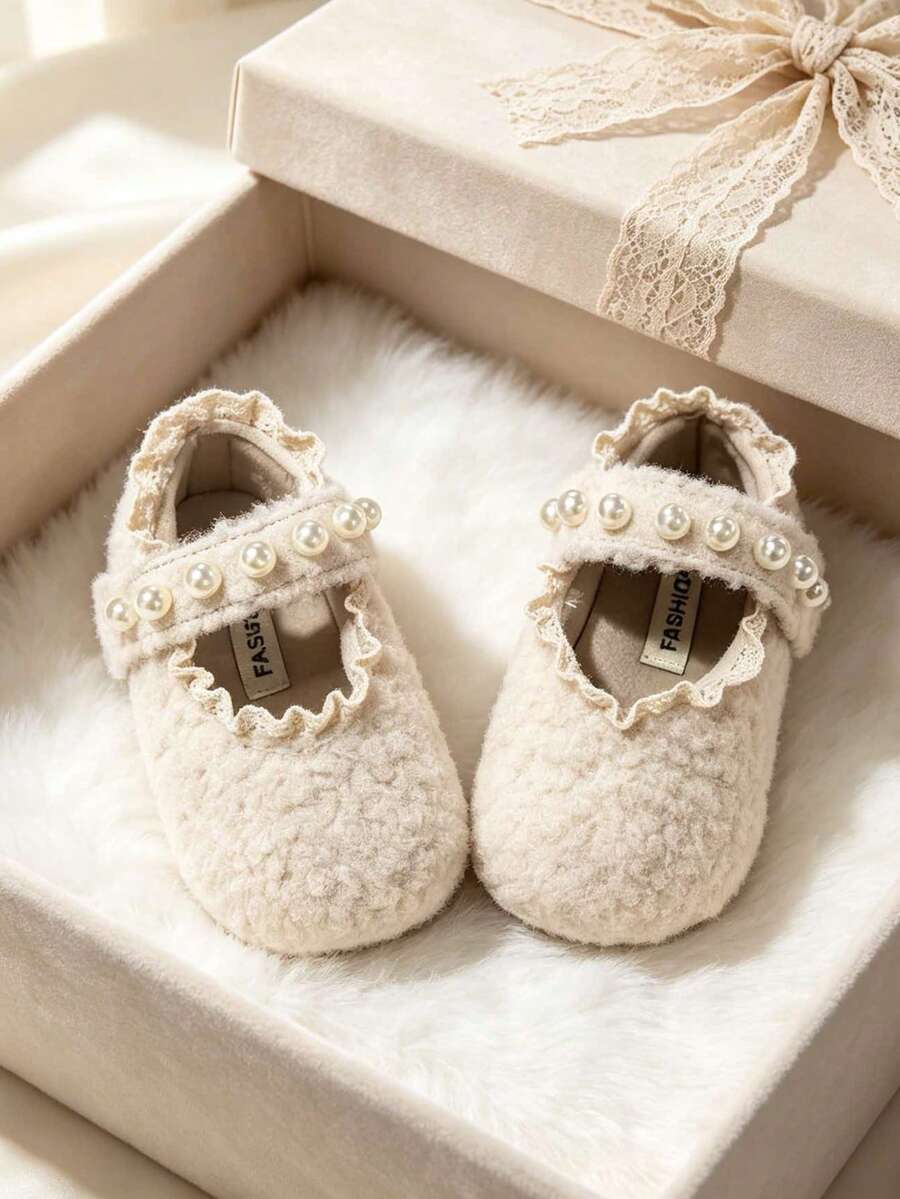 1 Pair Girls' Sweet Style Lamb Wool Lace Trim Princess Shoes With Pearl Hook & Loop Design, Soft Sole, Non-Slip, Fleece Lined, Warm, Round Toe, Suitable For Banquet, Party, Matching With Dress - Beige - View 1