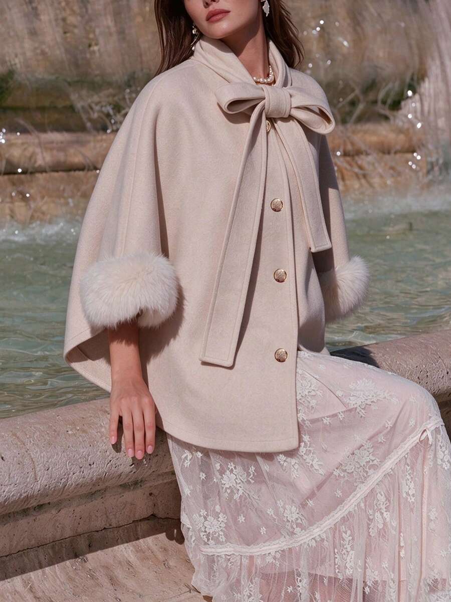 Women's Autumn/Winter Stand Collar Bow Faux Fur Cuff Cape Coat, Elegant Gold Button Short Commuter Jacket