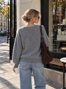 Women's Grey V-Neck Knitted Sweater With Drop Shoulder Long Sleeves Rib-Knit Regular Hem Pullover For Fall & Winter - Grey - View 2