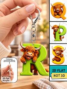 2D Flat Acrylic Keychain, Cute Highland Cow Letter Pendant, Farm Animal Cartoon Key Ring, Novelty Car Key Backpack Handbag Charm, Kawaii Country Style Gift For Friends And Cow Lovers - Multicolor - View 1