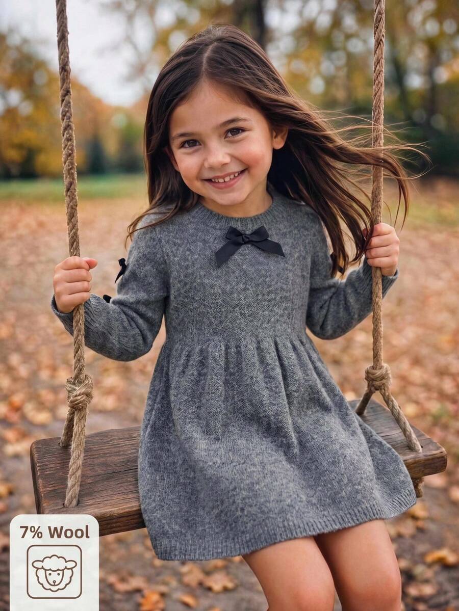 Young Girl 3D Bow Decor Long Sleeve Knitted Sweater Dress Princess Style A-Line Skirt - Grey - View 1