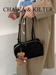 CHAIKA & KILTER 1件裝純色麂皮布料女款復古時尚啞光單肩保齡球包，對比色絎縫線條，雙手柄設計，拉鍊開合，適合日常與旅行使用 - 黑色 - 查看 8