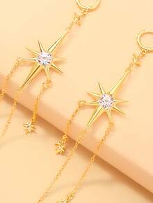1pc Octagram North Star Multi-Chain Tassel Earrings, Rhinestone Embellished Celestial Style Long Drop Ear Hooks, Suitable For Prom, Wedding, Party - Rhinestones - View 7