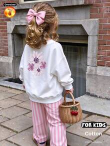 Oversized Crew Neck Thickened Sweatshirt With Floral Print - White - View 1