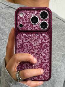 Luxury Elegant Lace Floral Glitter Diamond-Patterned Camera Protection Phone Case Compatible With IPhone 18 Pro Max 18 Pro 17 Pro Max 17 Pro 17 16 Pro Max 16 Pro 16 15 Pro Max 15 Pro 15 14 Pro Max 14 Pro 14 13 Pro Max 13 Pro 13 Vintage Sparkling Shiny Glossy Soft Protective Back Cover - Burgundy Contrast Lace - View 4