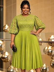 Plus Size Women's Elegant Green Lace Pleated A-Line Short Sleeve Hollow Out Dress, Suitable For Wedding Guest, Church, Party Occasions - Green - View 8
