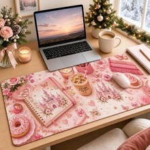 1pc Pink Princess Castle Mouse Pad, Coquette Coffee Book Donut Cupcake Floral Butterfly Pattern Extended Desk Mat For Home Office And Gaming, Sizes S/M/L/XL - View 2