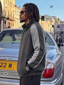 BLACKTOEXIT Jaket Bulu Domba Imitasi Pria, Potongan Longgar, Bertekstur, Gaya Streetwear, Warna Blok, Mantel Empuk, Musim Gugur/Dingin - Grey - View 3