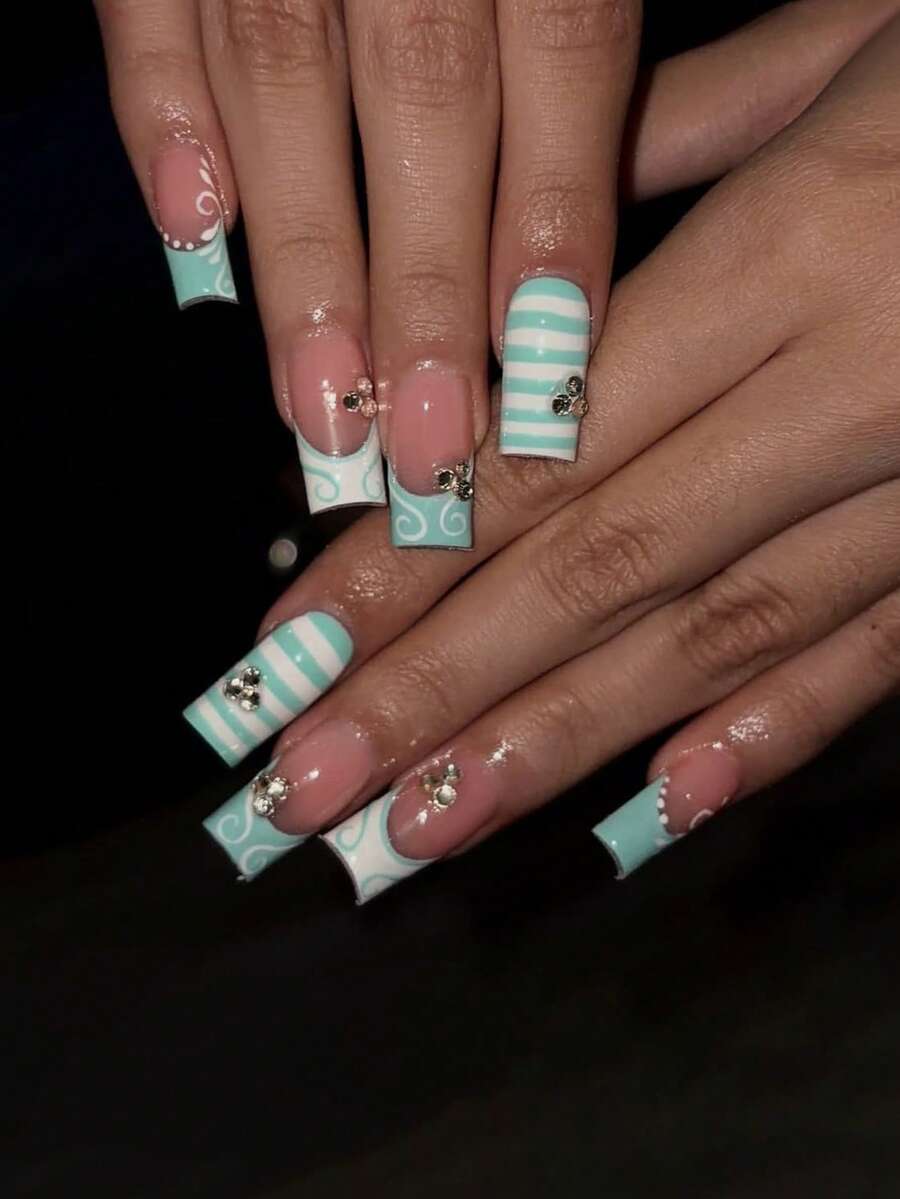 24pcs Medium Length Square Green Striped French Tip False Nails With Rhinestones, Nail Set Includes 1pc Jelly Glue And 1pc Nail File, Fall Nails Suitable For Women's Daily Work, Party And Other Occasions