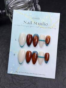 10pcs Handmade Autumn/Winter Almond Shape Press-On Nails, Milky White Amber Tortoiseshell Tie Dye Blue French Line Design, Hand-Painted Sealed Layer, Suitable For Women's Commute, Gathering, Daily Outing, Date, Party, Atmosphere Acrylic Nail Art, Easy To Apply, Removable, Reusable Fake Nail Set, Free Tool Kit Included - Mocha Brown - View 4